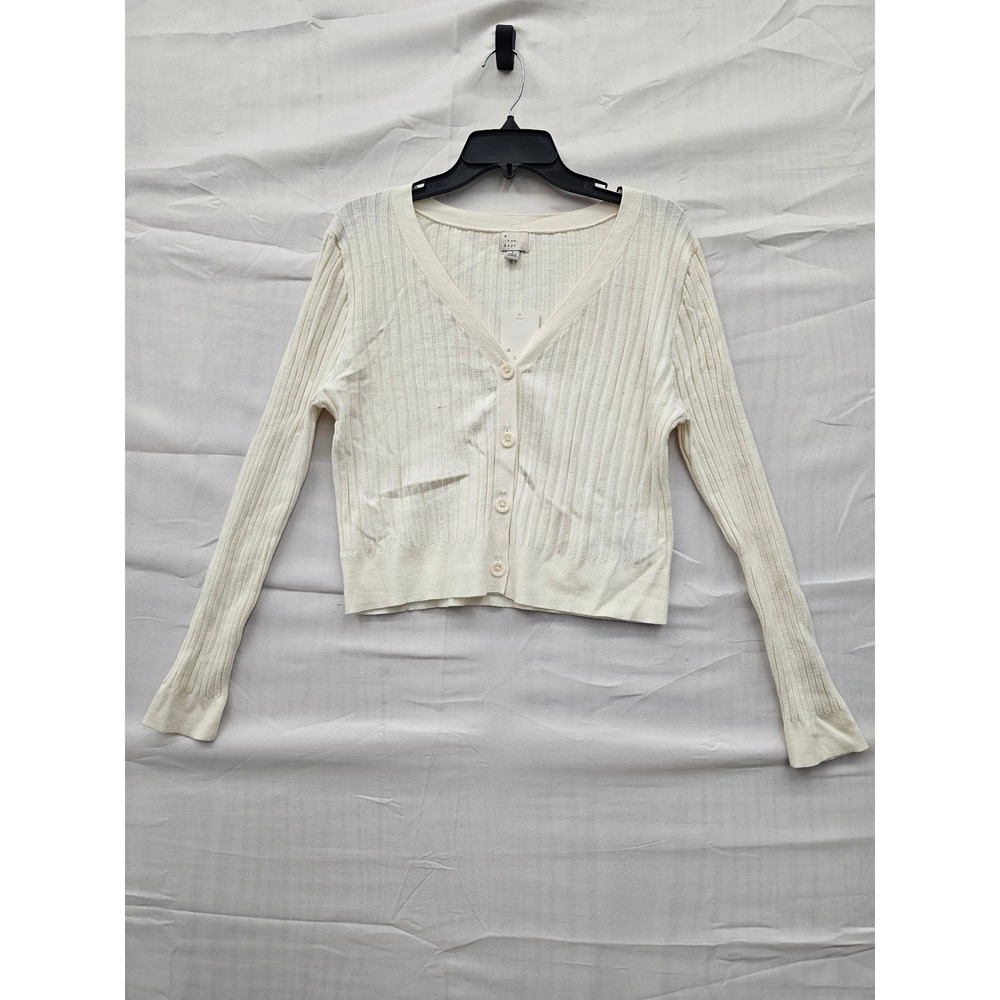 A New Day Womens Cream Ribbed V-Neck Button Down Cardigan Sweater Large